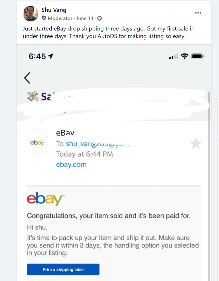 shu's first sale post about his first sale in anew ebay account dropshipping