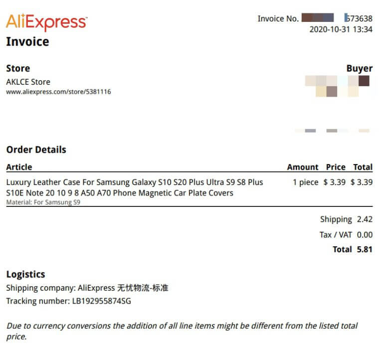 aliexpress invoice pdf