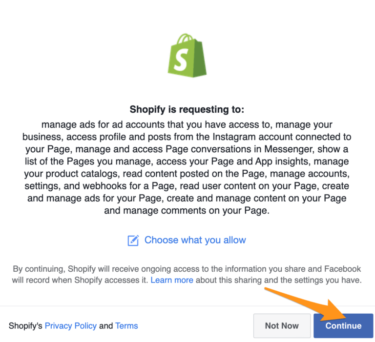 facebook permission shopify