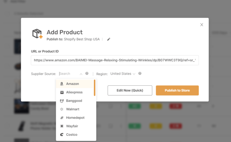 Add URL and choose supplier in AutoDS product importing tool