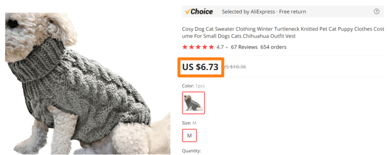 Alt: Price of dog sweater on AliExpress Dropshipping Center