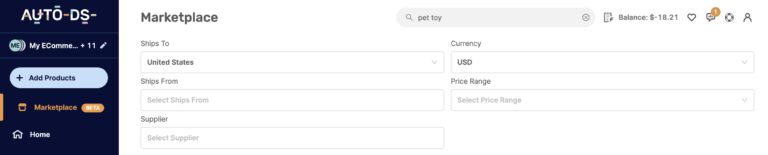 AutoDS marketplace product filters
