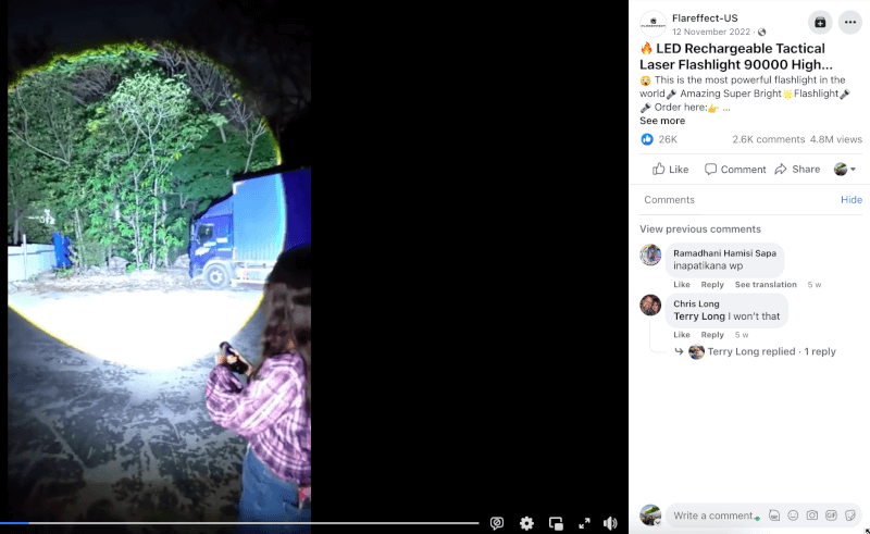 LED Laser Flashlight Seller's Facebook Ad