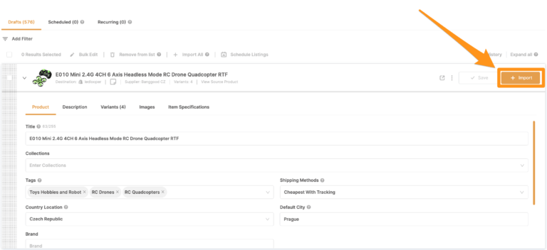 AutoDS draft's page