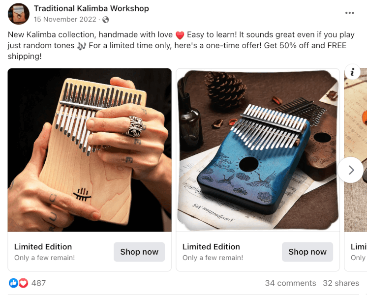 Kalimba 17 Keys Piano Set Seller’s Facebook Ad