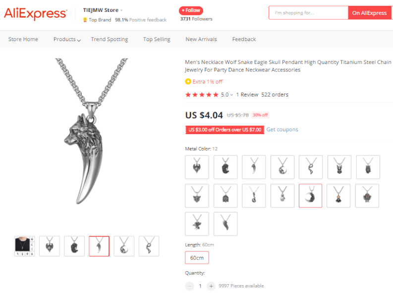 Wolf Pendant Necklace Supplier's Website