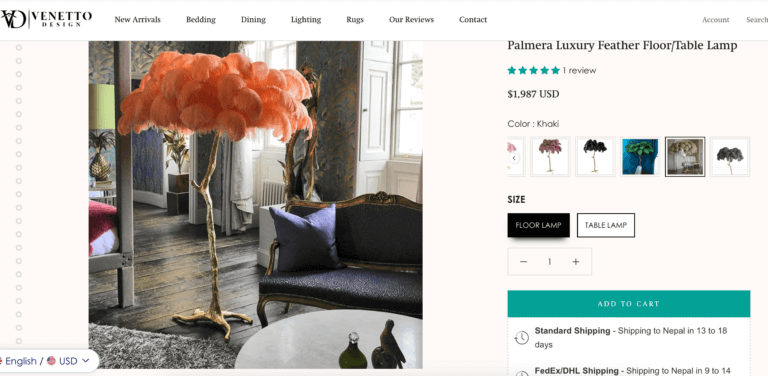 Luxurious Feather Lamp seller's website dropshipping furniture