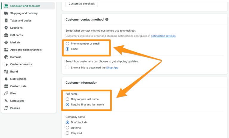 Shopify Store Checkout settings