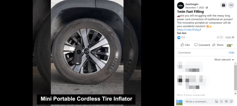 Dropshipping Electronics Portable Wireless Tire Inflator FB Ad