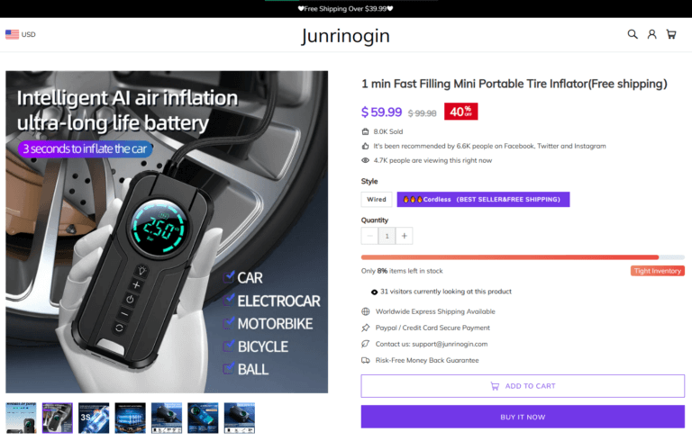 Dropshipping Electronics Portable Wireless Tire Inflator Seller's Website