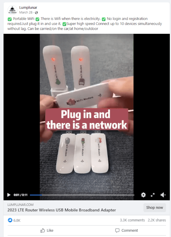 Internet Wireless Router Seller’s Facebook Ad