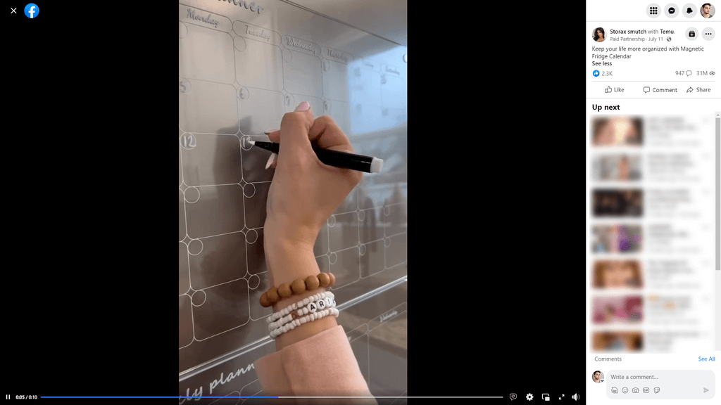 Magnetic Fridge Erase Calendar facebook ad