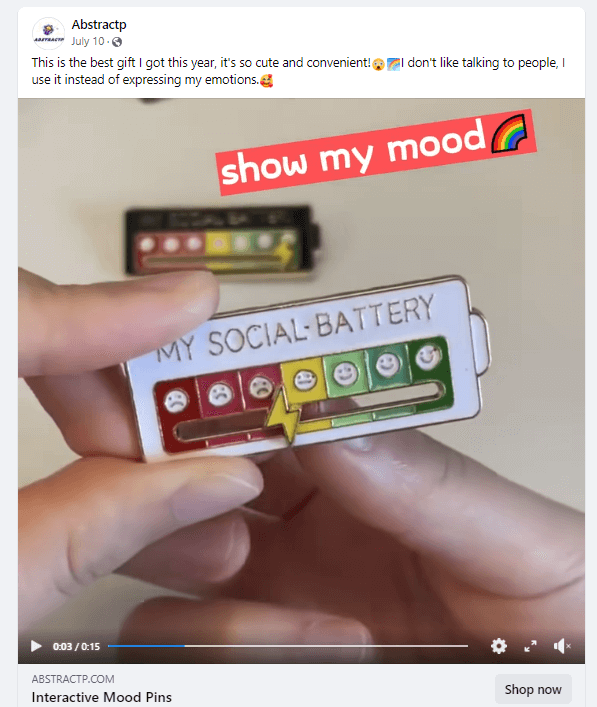 Social Battery Enamel Pin facebook ad