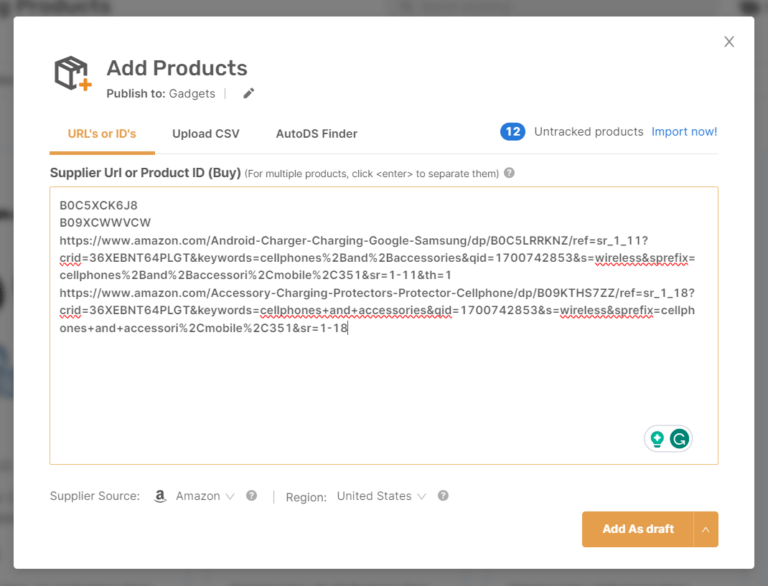 Add Products ASIN and URL
