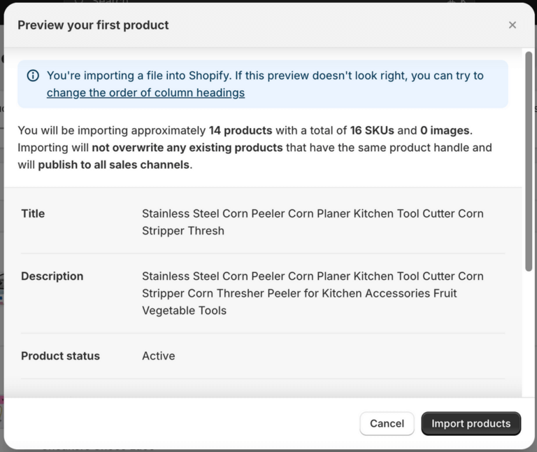 Wix to shopify preview and import csv