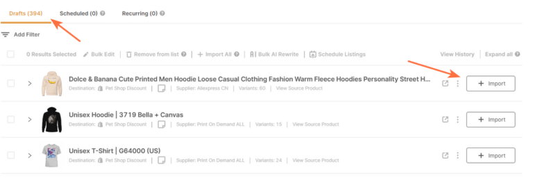 AutoDS Drafts page AliExpress Super Deals