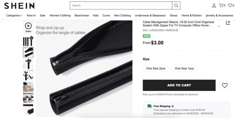 zipper cable sleeve shein dropshipping