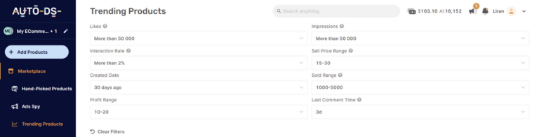 AutoDS Product Research Filters Dashboard