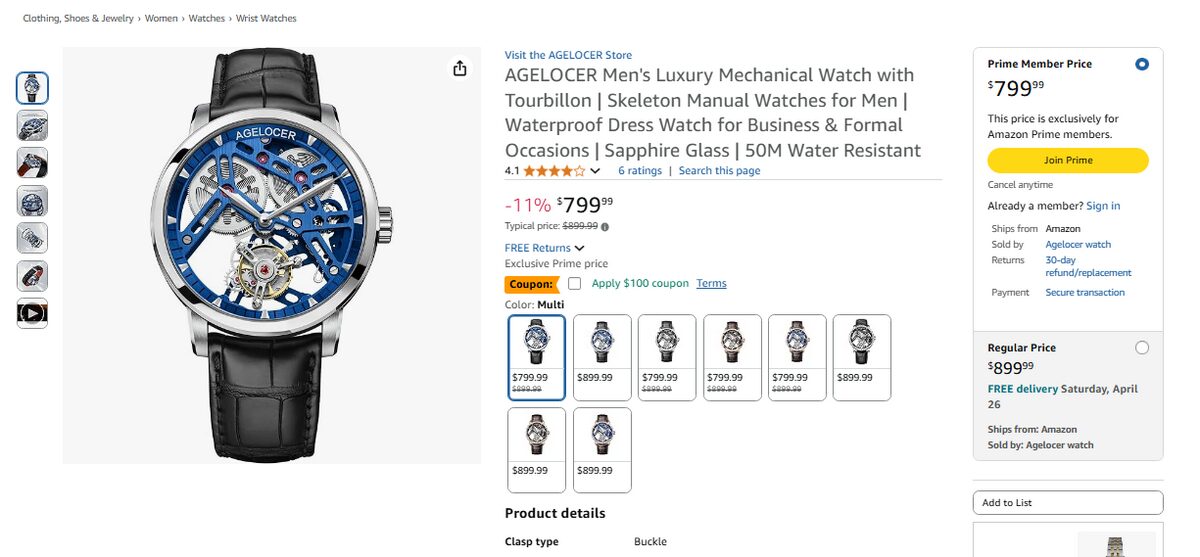 Amazon listing for a luxury watch