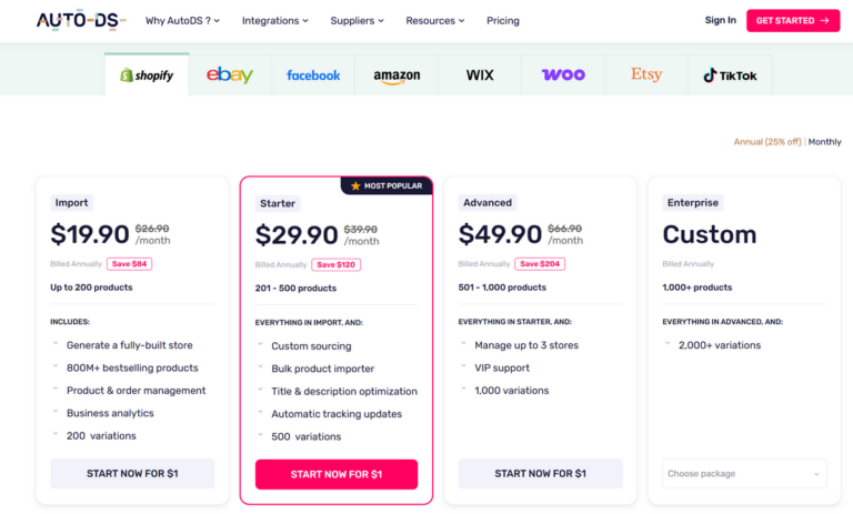 AutoDS pricing plans for dropshipping