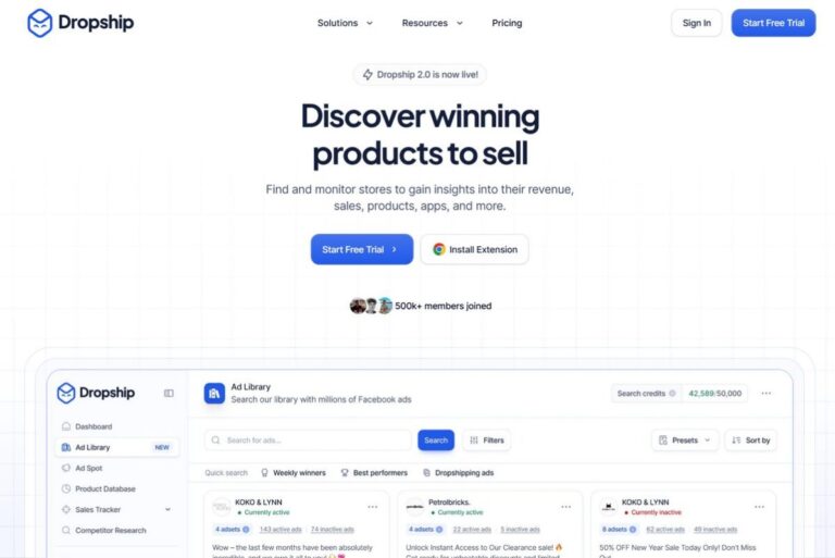 Dropship.io homepage for dropshippers product research