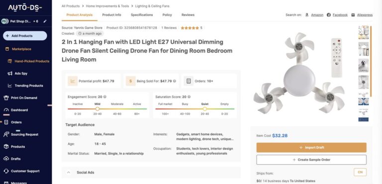 Two-In-One Hanging Fan with LED Light for dropshipping in July 2025 from AutoDS