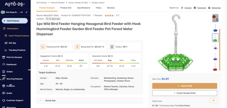 Hanging Hexagonal Bird Feeder for dropshipping in July 2025 from AutoDS