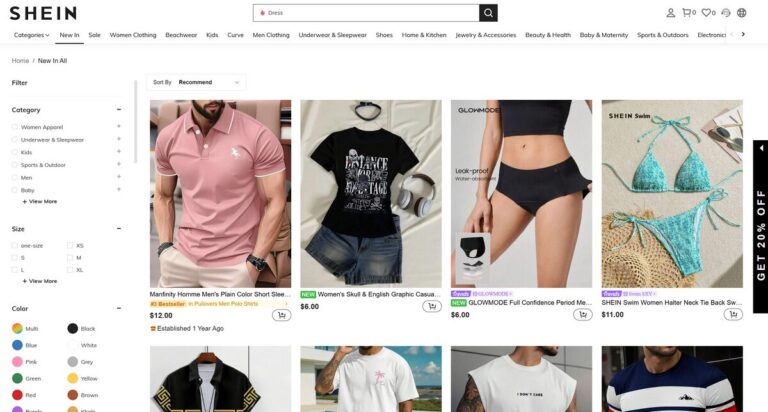 Shein new in products section