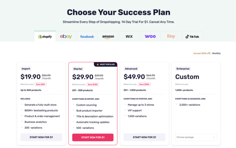AutoDS's pricing model for dropshipping