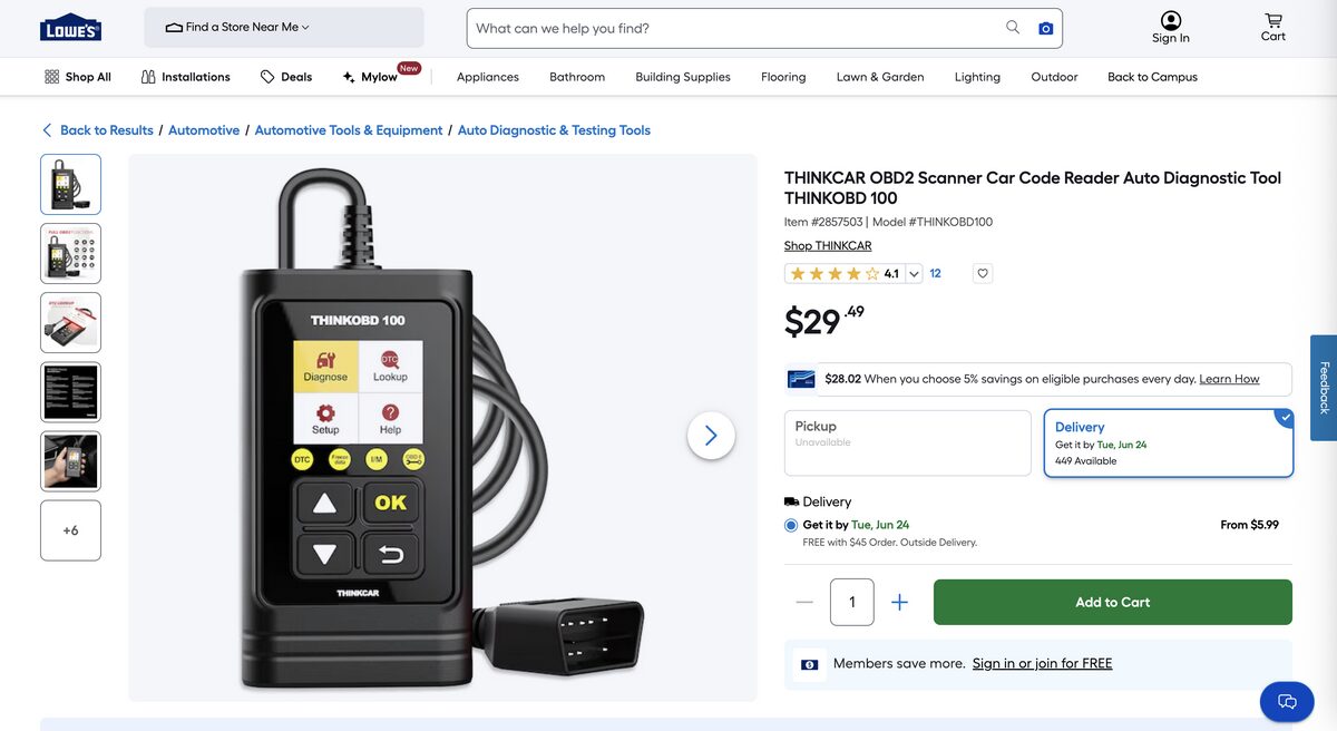 OBDII reader from Lowe's for auto parts dropshipping