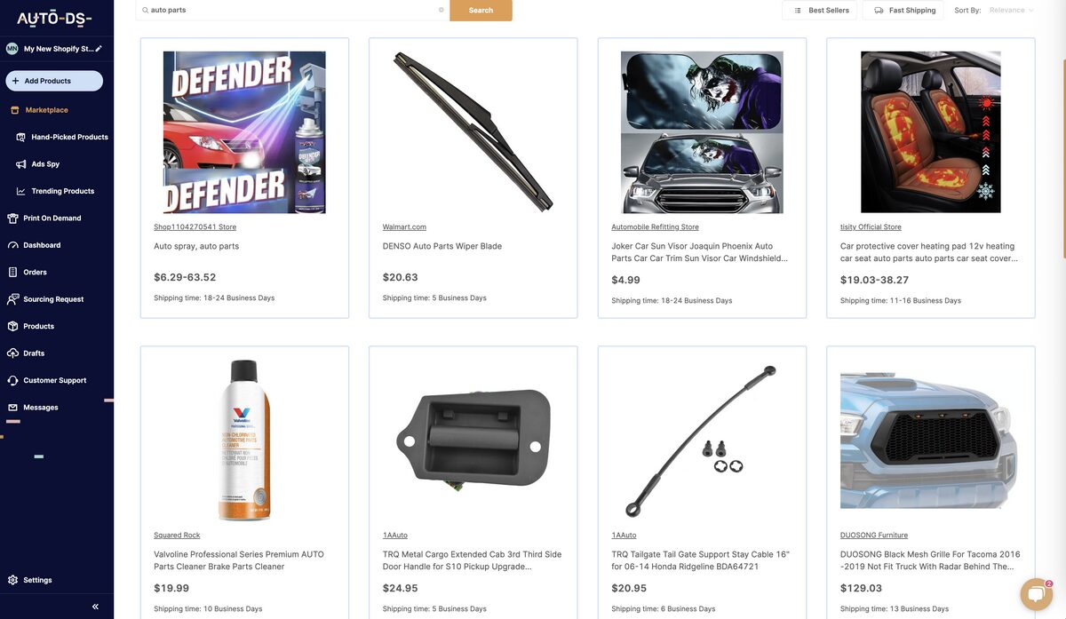 AutoDS's marketplace for auto parts dropshipping