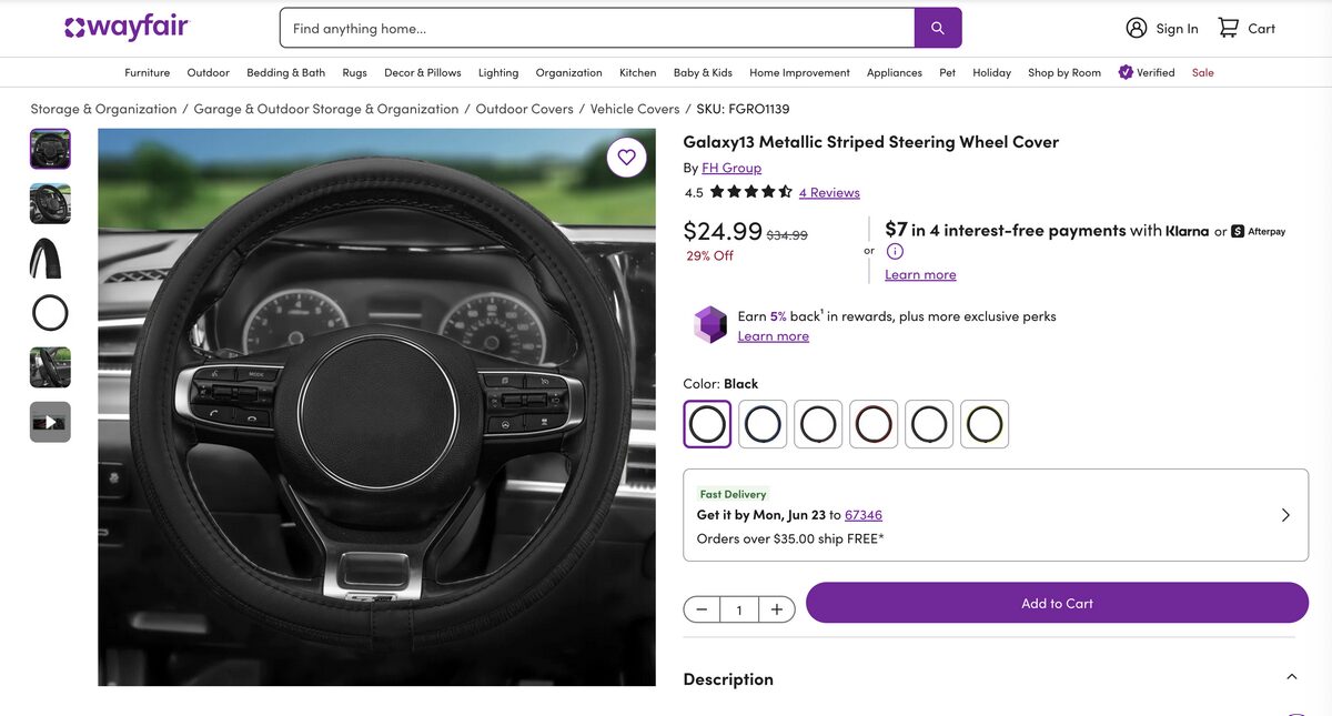 Pattern steering wheel cover from Wayfair for auto parts dropshipping