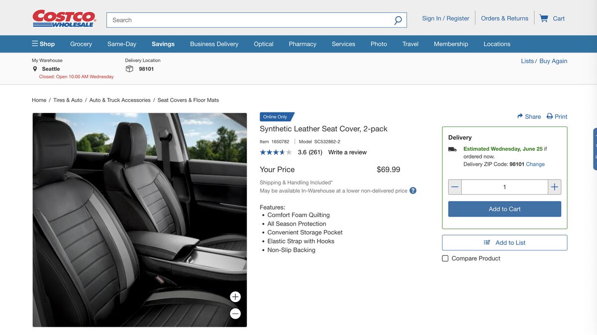 Car seat cover from Costco for auto parts dropshipping