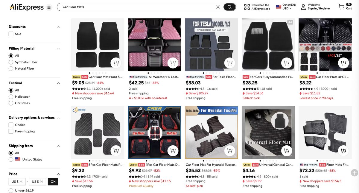 Car floor mats from AliExpress for auto parts dropshipping