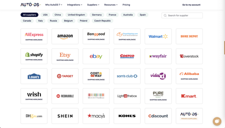 AutoDS's dropshipping suppliers