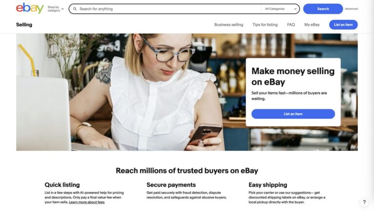 eBay's seller page to start dropshipping with no money