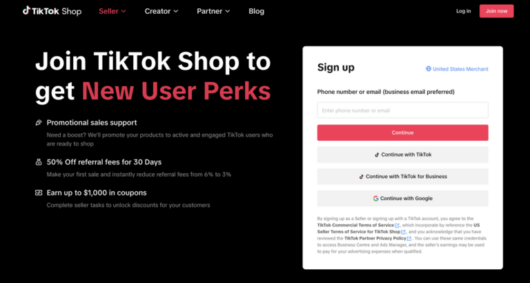 TikTok Shop's registration page to start dropshipping with no money