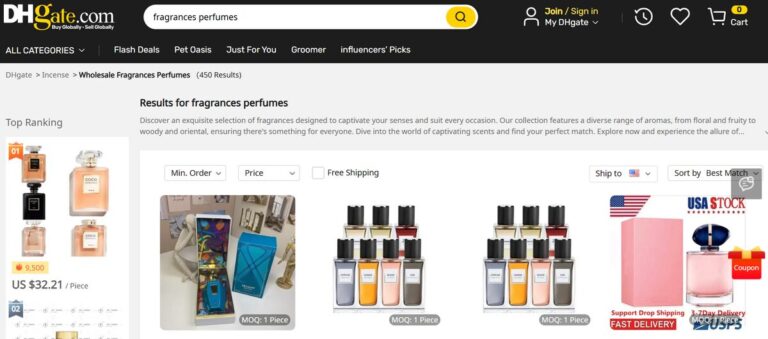 DHGate online shop of bulk and low cost perfumes