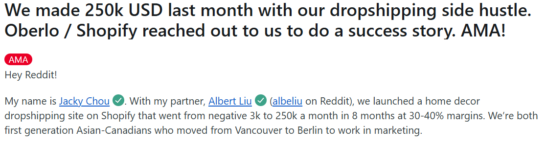 Reddit successful Aliexpress to Shopify dropshipping story