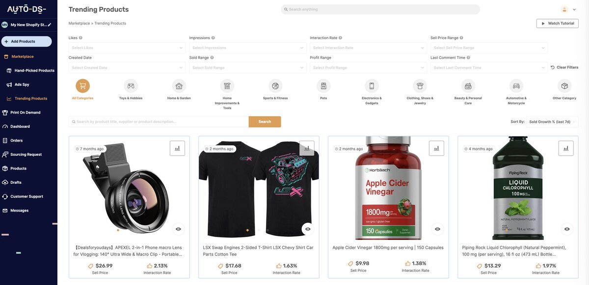 AutoDS's trending products for product sourcing