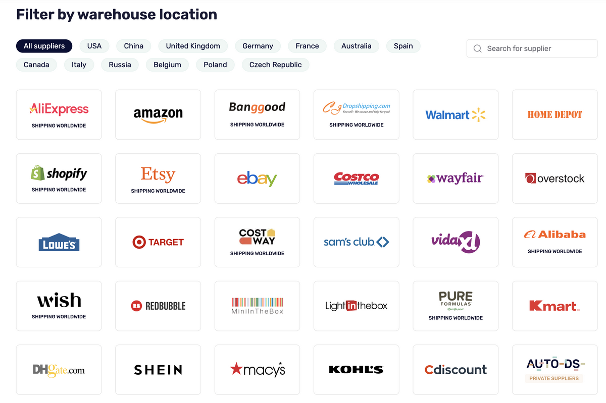 AutoDS's trusted suppliers for product sourcing