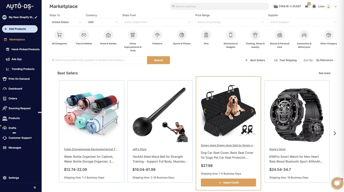 AutoDS's marketplace for one-click product sourcing