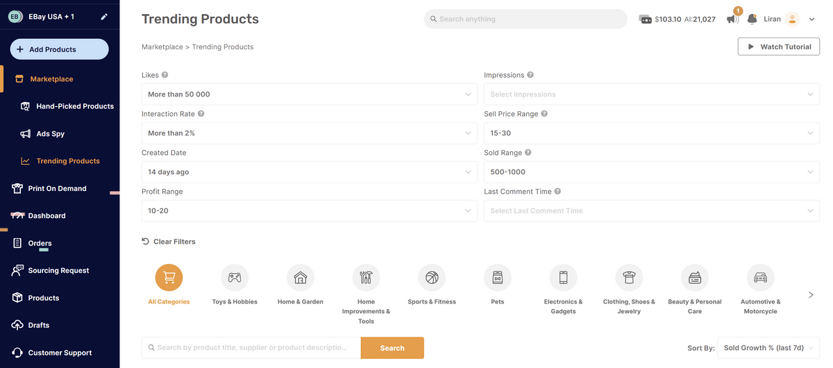 AutoDS product research tools for selling items on ebay
