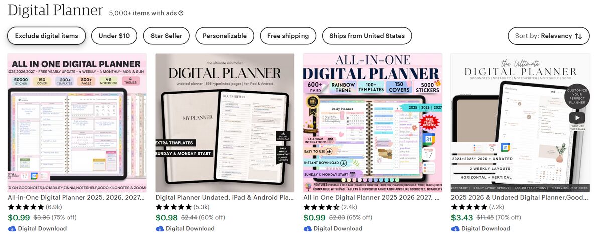 Digital Printable Planners and Journals on Etsy