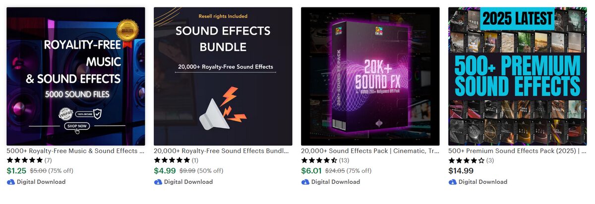 Music and sound effects available for digital purchase on Etsy
