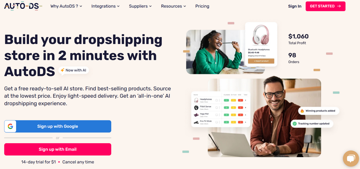 AutoDS Homepage of Dropshipping Platform