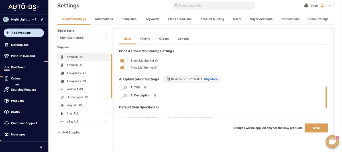 AutoDS Price & Stock Monitoring setup for dropshipping