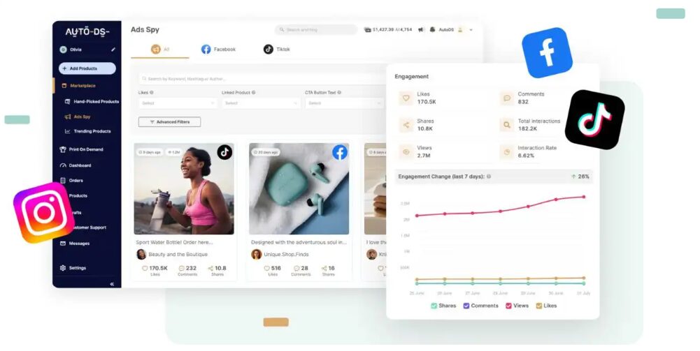 AutoDS Ads Spy Tool platforms and social media