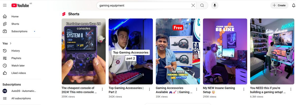 Youtube shorts gaming equipment