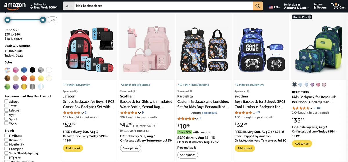 Kids' backpack sets from Amazon for dropshipping in Q3 2025